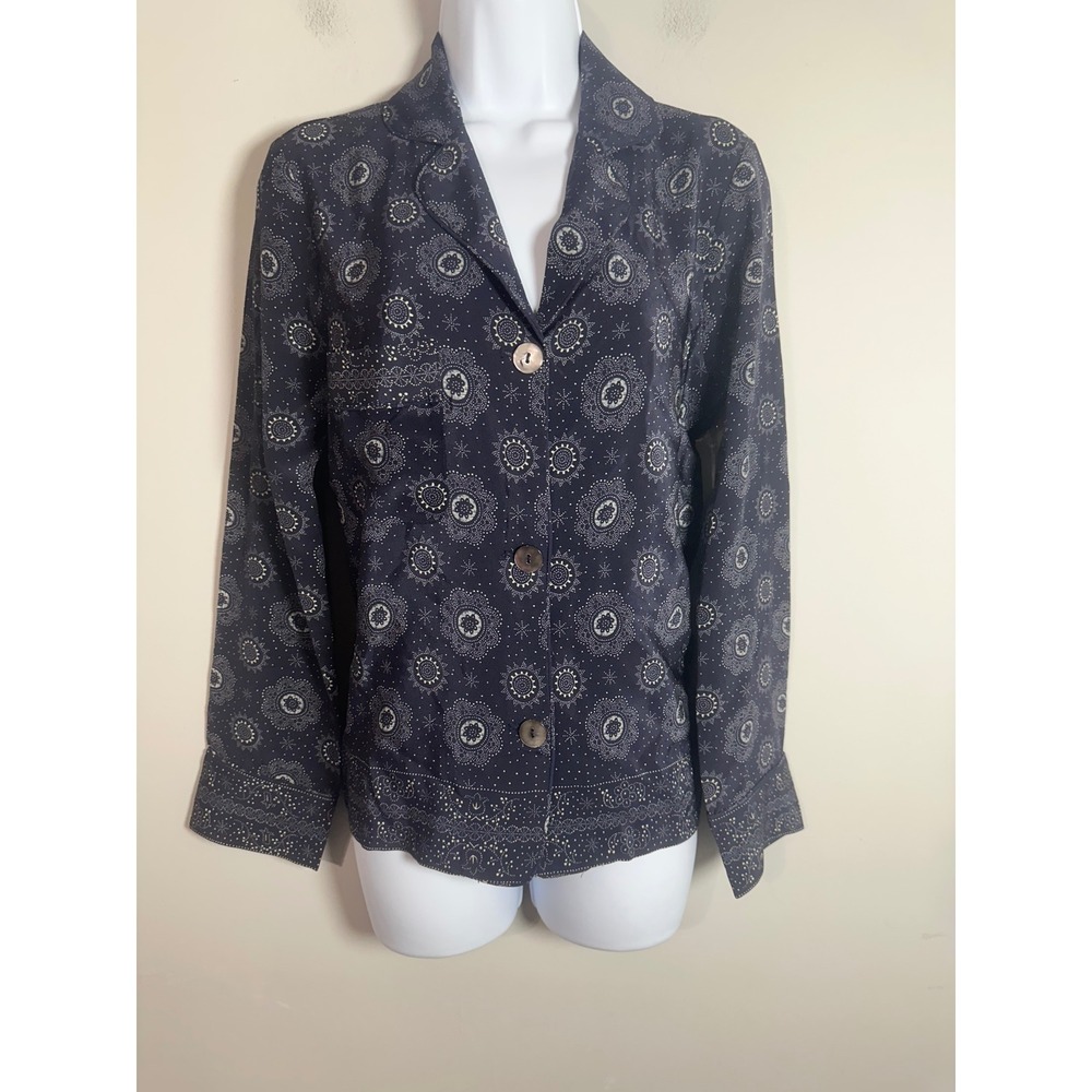 Warm NY 100% Silk Navy Blue Mandala Sunburst Button Down Top US XS NWT